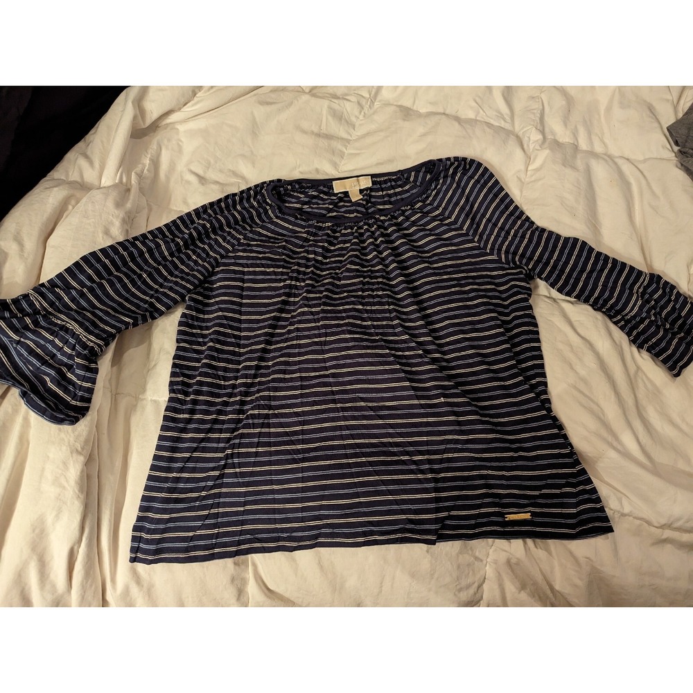 Michael Kors womens M blue stripped shirt‎ top 3/4 sleeve ruffle accent